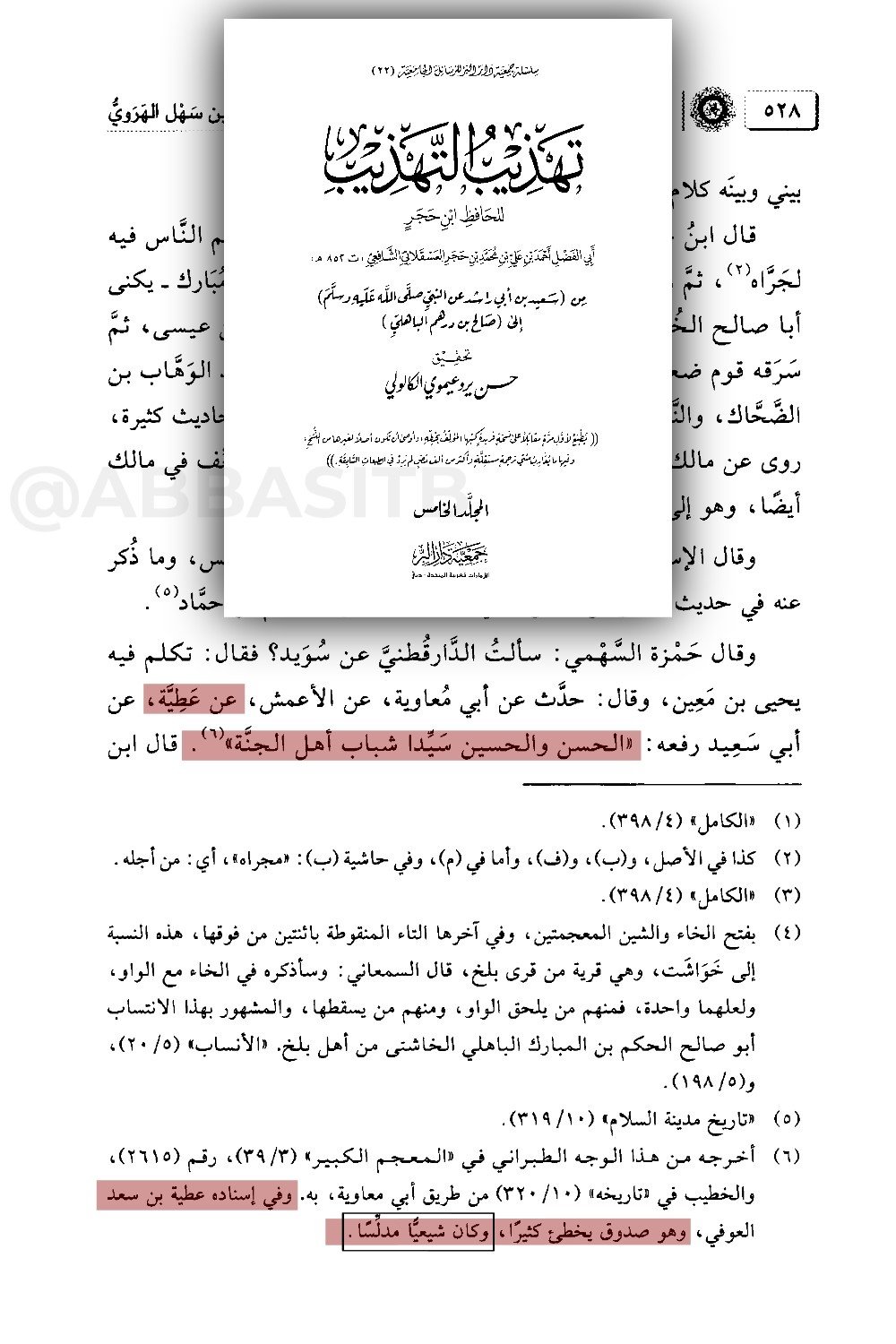تهذيب التهذيب لابن حجر - حال عطية بن سعد العوفي في سند الحديث
